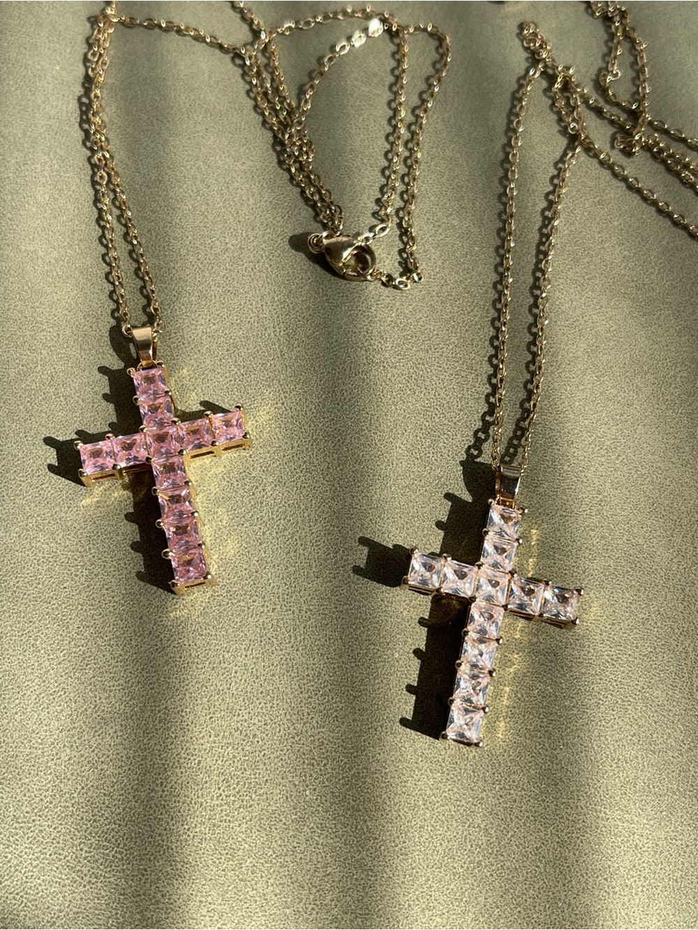 NWOT 2 Zircon Cross Pendant Necklaces Set Gold Pink Faith Dainty Jewelry Gift